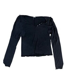 POL‎ Button Down Top Ruched Sleeve Long Sleeve Blouse Black Size M